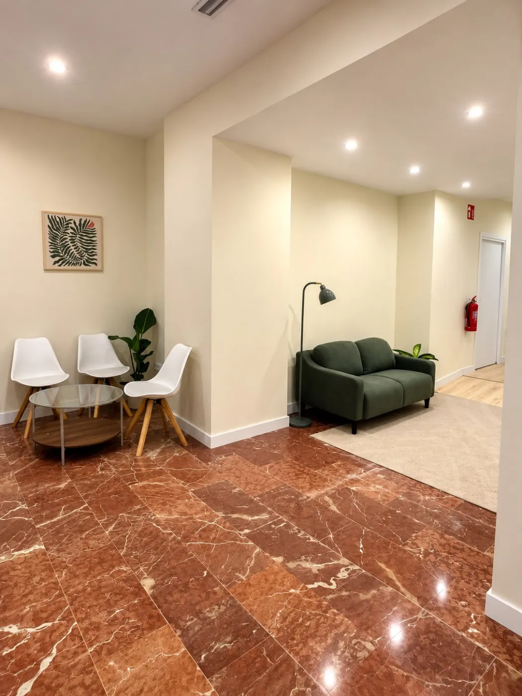 Sala de espera de Clínica Kandel con sillas, sofá y plantas
